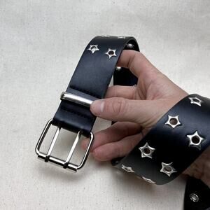 y2k style round studded vegan leather black and silver star studded grunge belt